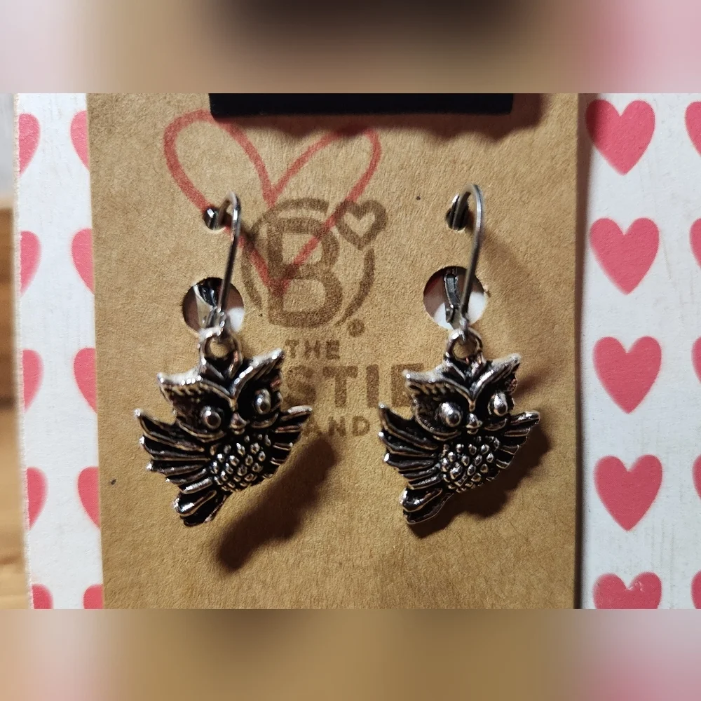 Handmade Silver in Color Cute Little Owl Charm Dangle Leverback Clasp Earrings